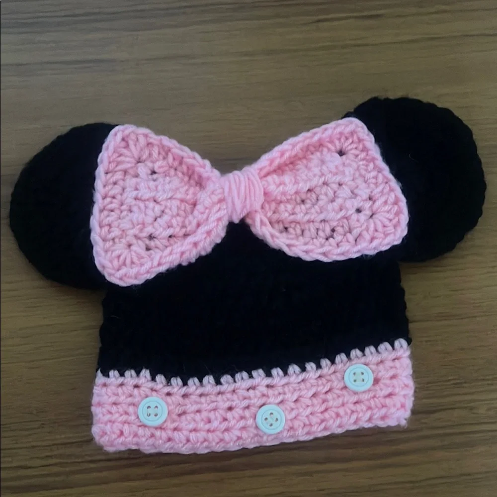 Pink and Black Kids Knit Hat with Bow